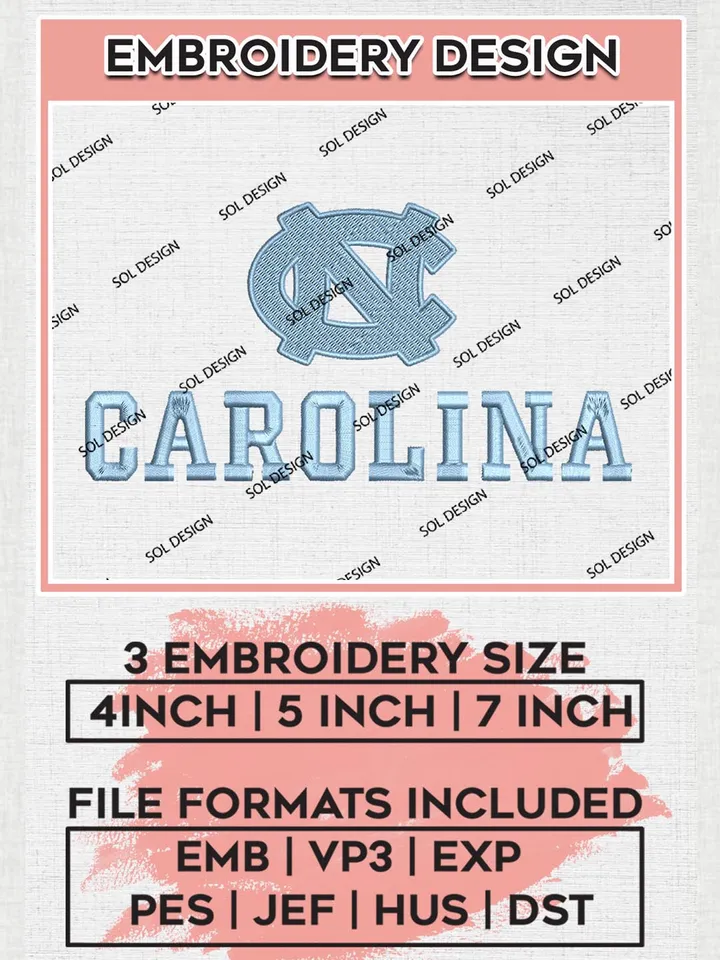 NCAA Carolina Tar Heels Team Logo Embroidery Design Files, NCAA North Carolina Tar Heels Machine Embroidery, NCAA Teams, 3 sizes, NCAA Machine embroidery designs, Digital Download