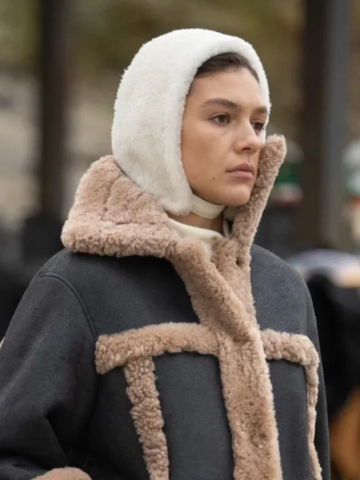 Genuine shearling fur women cream white bonnet / real soft lamb fur winter women hat / designer sheep fur aviator trendy bonnet