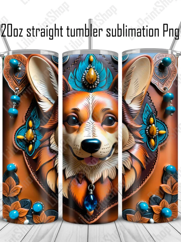 Corgi tumbler sublimation PNG, 3d Dog tumbler wrap , Tooled leather Tumbler designs for 20oz skinny straight tumbler Instant download
