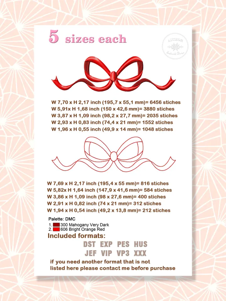 Bow embroidery design Machine embroidery pattern 5 size Embroidery files fill stitch bow, Pretty bow satin and line embroidery for girl #R39