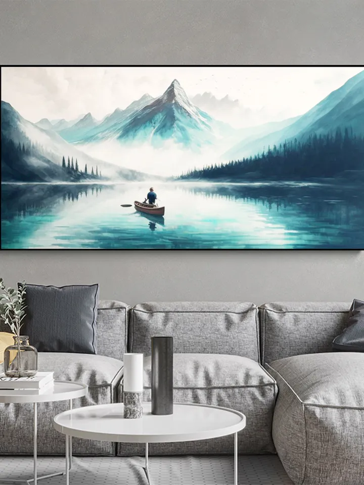 Original Landscape Oil Painting On Canvas, Abstract Snow Mountain Painting, Lake View Art, Boat Painting, Large Wall Art, Living room Decor