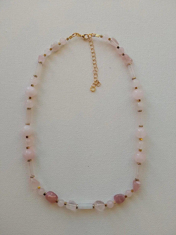 Choker, necklace, beads made of natural stones. Rose quartz and hematite. 45-50 cm. Delicate, airy decoration for the neck