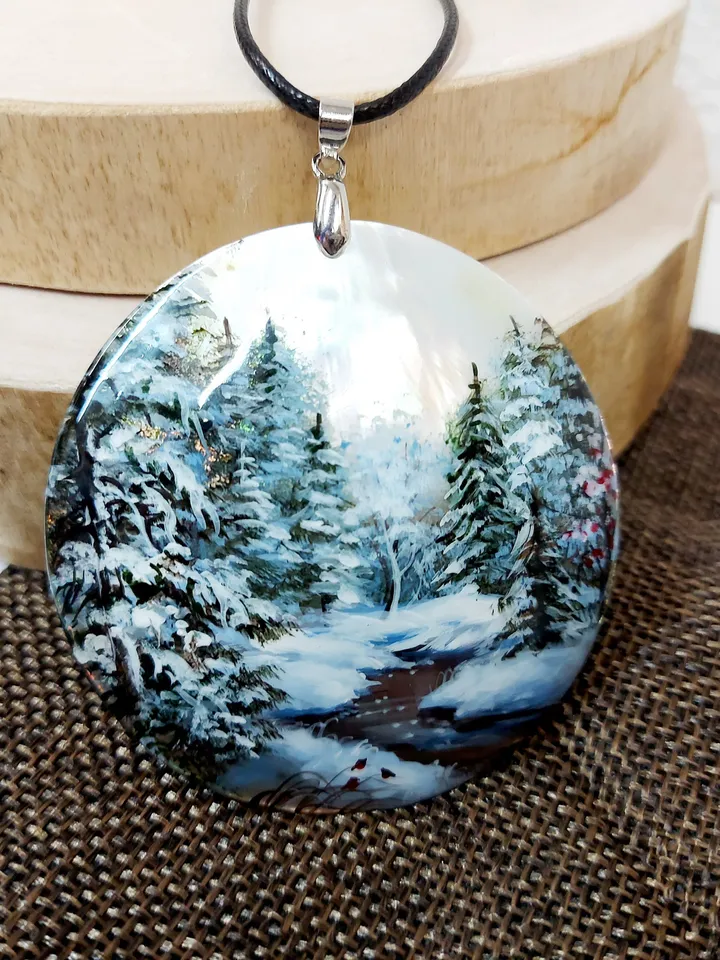 Mother-of-pearl pendant "Winter. River in winter". Miniature on the sink. Hand-painted jewelry. An artistic gift from Fedoskino