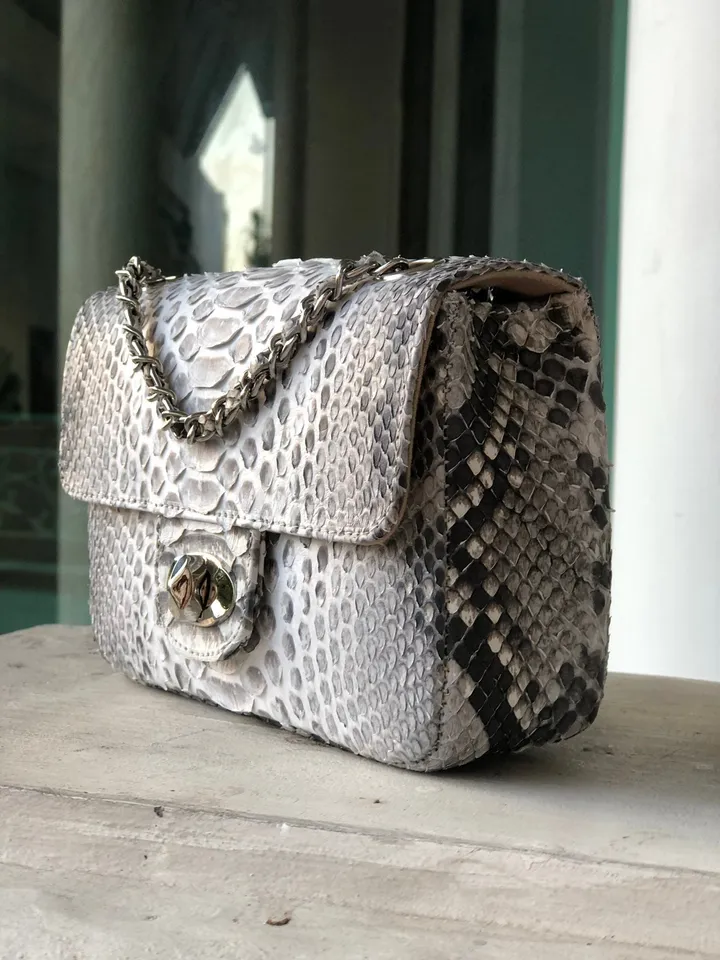 Genuine Python Skin Small Crossbody Leather Bag | Classy Small Crossbody Chain | Grey Light Small Crossbody Summer Elegant Classy Women Bag