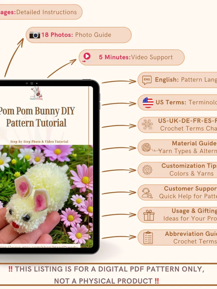 Pom Pom Bunny DIY Pattern Tutorial, Easy Rabbit Craft Tutorial for Easter Decorations, Handmade Rabbit Decoration, Instant Download