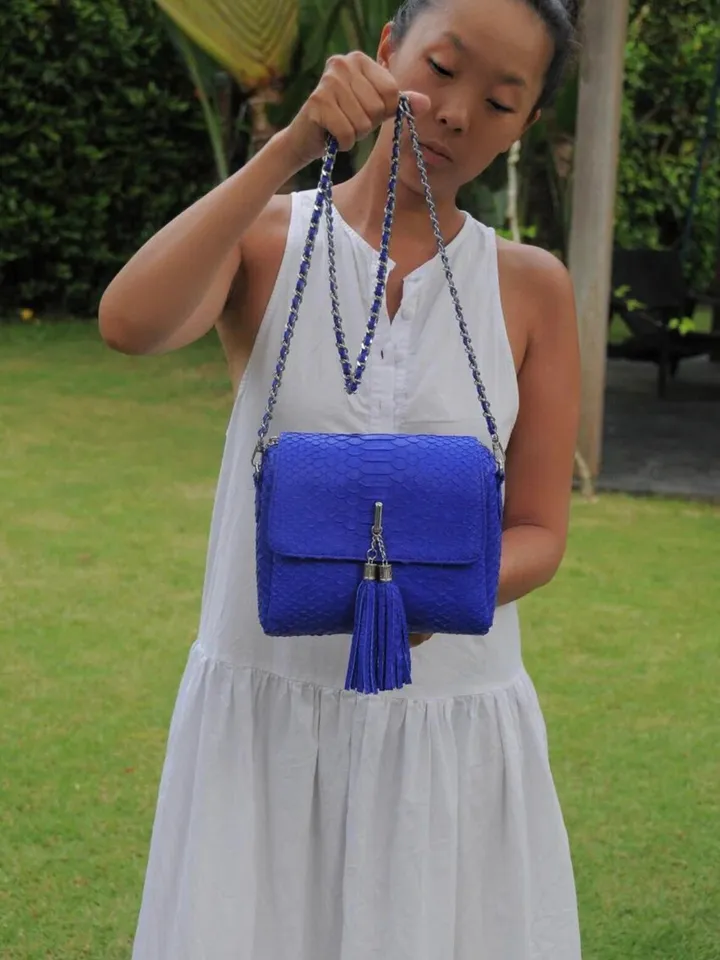 Genuine Python Skin Crossbody Bag | Chain Tassel electric blue bag | Leather Woman Free Shipping Handmade Summer purse | exotic leather bag