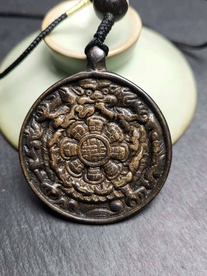 Gandhanra Vintage Tibetan Buddhist Calendar Amulet Black Sipaho Badge - Lima Brass Melong Mirror Protective Charm Feng Shui Pendant,43mm