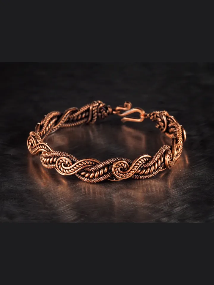 Wire wrapped bracelet, Unique 7th 22nd Anniversary gift idea, Art Nouveau antique style, One of kind braided statement bangle, Handmade oxidized pure copper jewelry, Pain relief, EMF protection