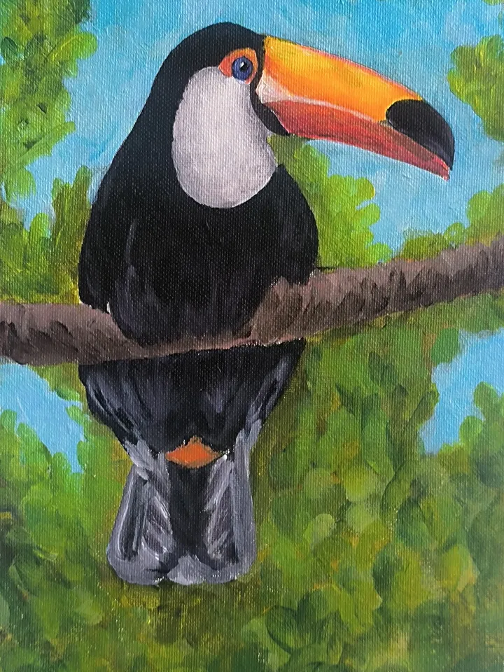 Set of three bird paintings. Toucan painting, Blue sialia painting, Parrot painting, Acrylic painting, Bright birds.