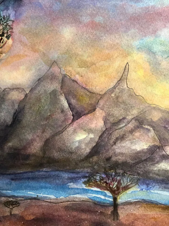 Dragon trees original watercolour african landscape painting.Landscape wall art.Original watercolour art. Sunset painting.Fantasy landscape.