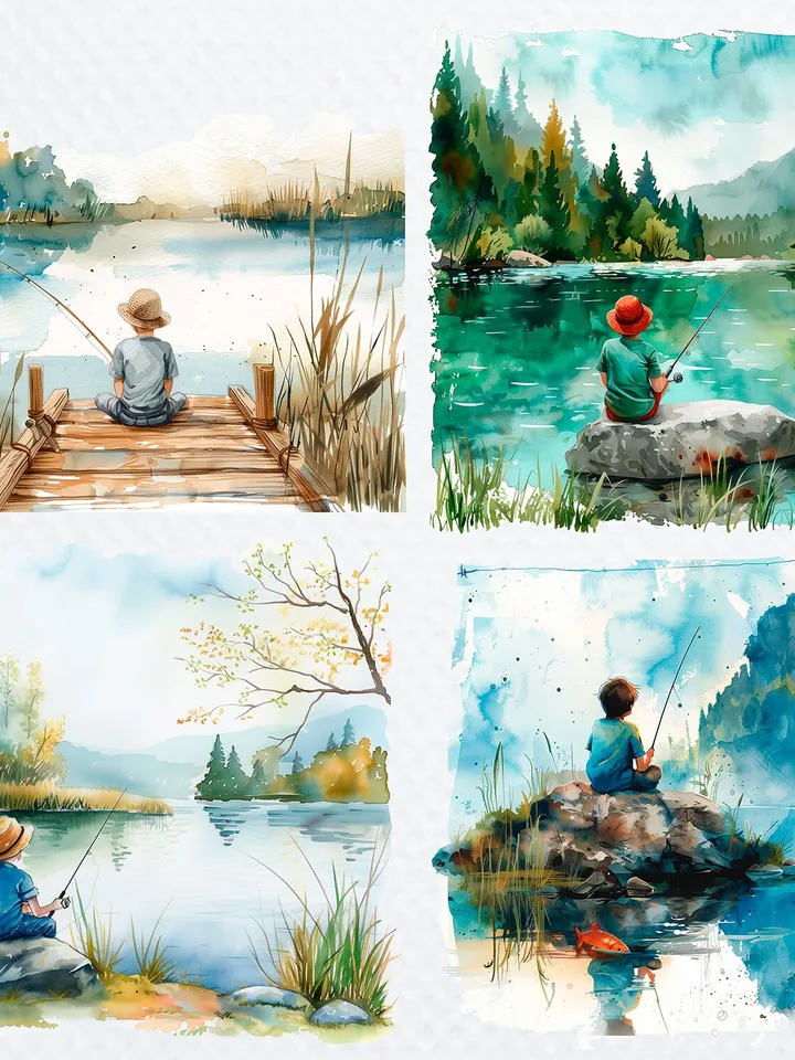 20 PNG Kid Fishing Clipart Bundle, Little Boy Fishing, Watercolor clipart for sublimation , Digital download, Paper craft, Junk Journal