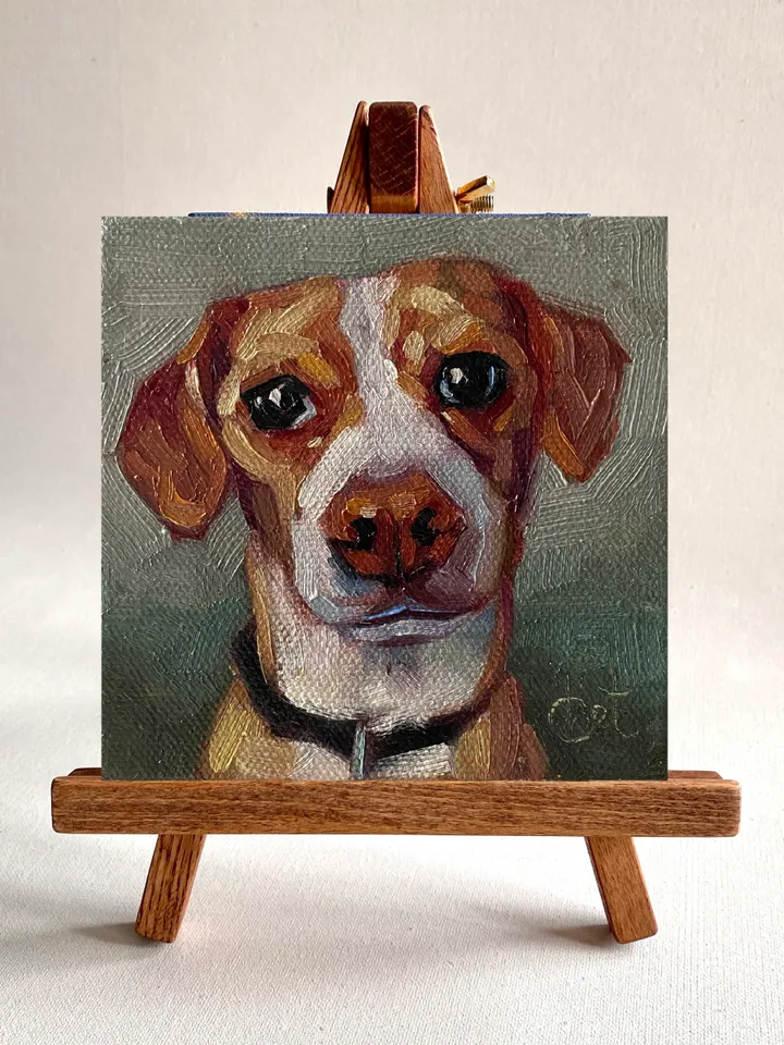 Dog oil painting original, Pet portrait artwork, Animal miniature wall art 4x4