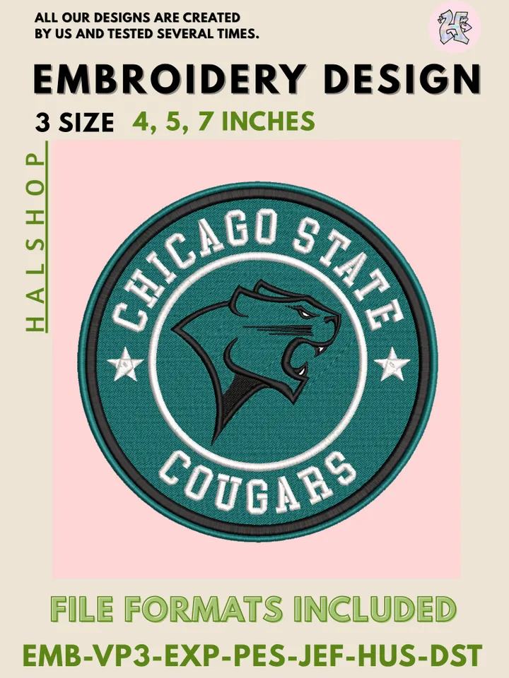 NCAA Chicago State Cougars Mascot Logo Embroidery Design, NCAA Chicago State Cougars Machine Embroidery, College Teams, 3 Sizes, Instant Digital Download