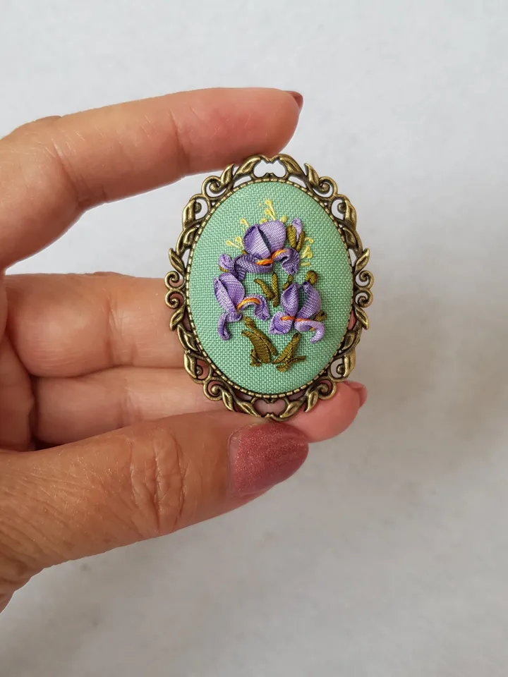 Ribbon embroidered brooch for her, embroidery irises