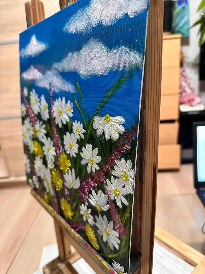 Oil Painting of Daisies Spring Plants Flowers Blooming Meadow Wall Decor Nature Floral Art Canvas on Cardboard 12x12 inches 30x30 cm Gift for Her