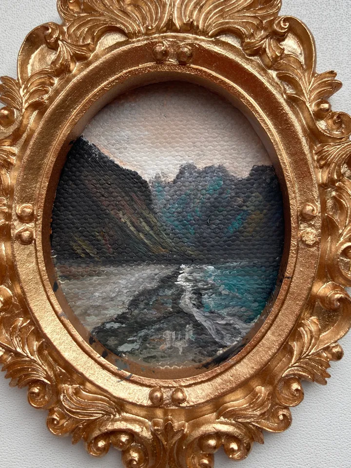 Coastal Landscape Oil Painting Original In Vintage Style Frame Small Framed Oval Painting Art