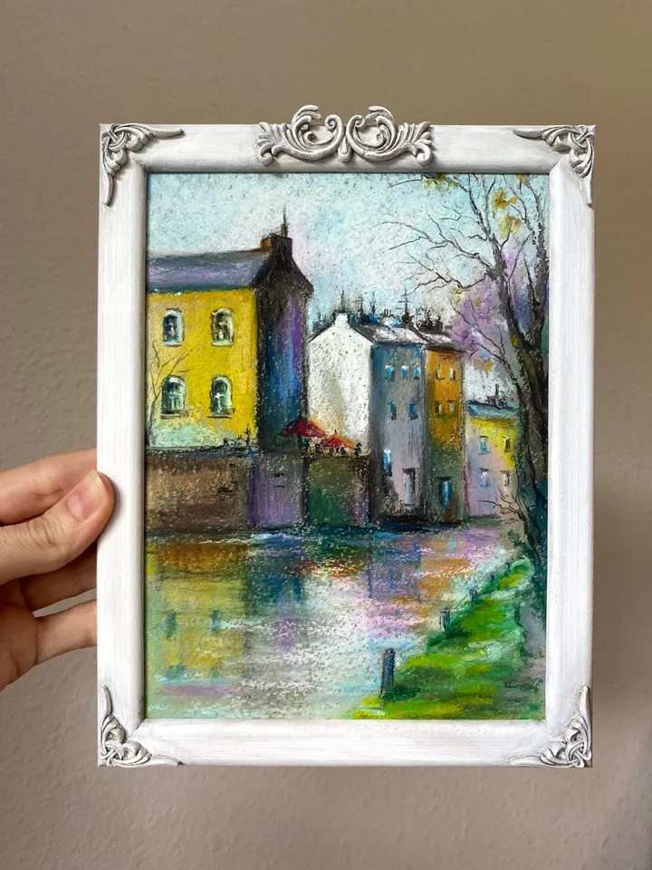 Town painting Oil pastel painting City street landscape Riverside art