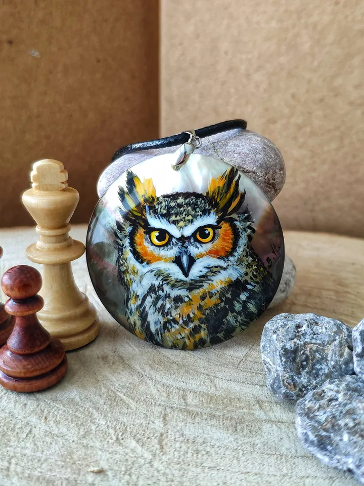 Pearl pendant necklace: Wise and Mysterious Eagle owl on handmade lacquer pendant • Statement wild bird • Aesthetic boho ethnic owl necklace