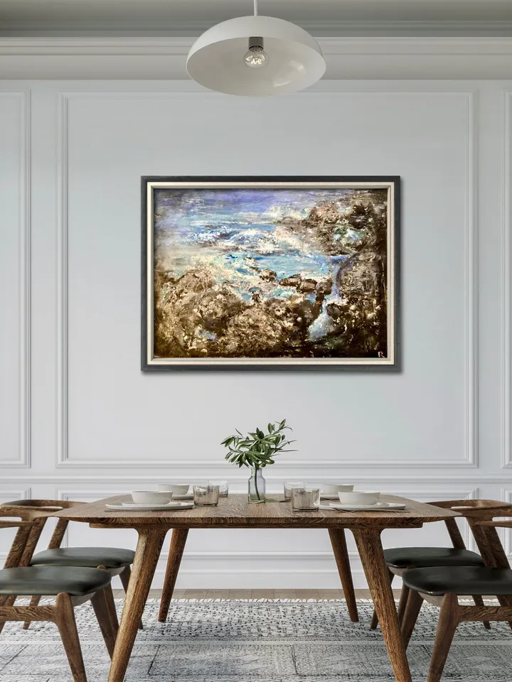 Rocks and ocean original acrylic mix media painting on paper,wall art,semi abstract seascape.