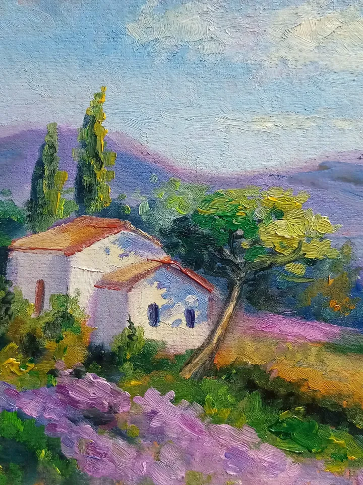 rural-rustic landscape with flower fields cardboard oil house in the field lavender beautiful small scenery flowers nature panoramic scenery