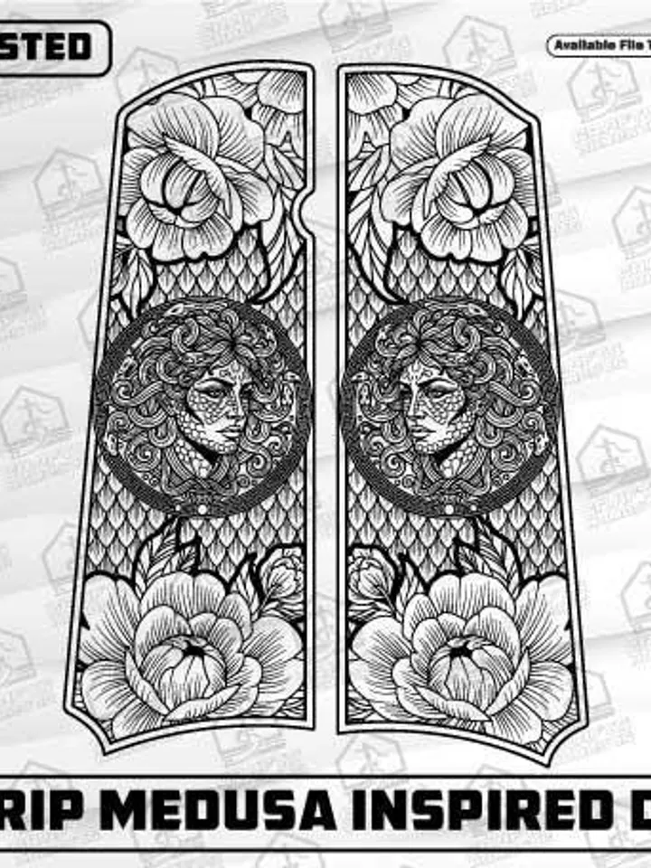 Medusa Inspired Colt 1911 Grip Design: Laser Cut/Engrave Files (svg, dxf, png, ai)