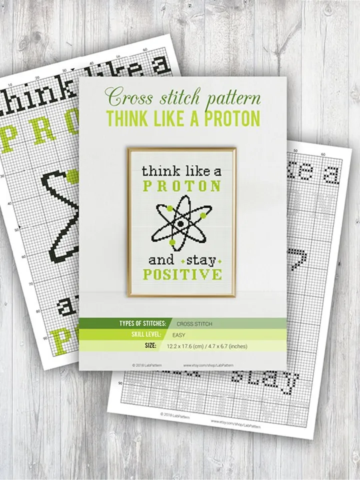 Cross stitch pattern Think like a Proton stay Positive Cross stitch pattern Quote Science Atom PDF Format Instant Download Home decor