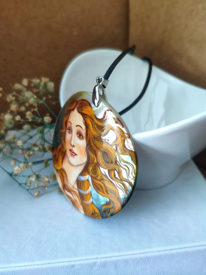 Pearl pendant necklace: The Birth of Venus by Sandro Botticelli painted on aesthetic pendant • Elegant dainty jewelry for cocktail party