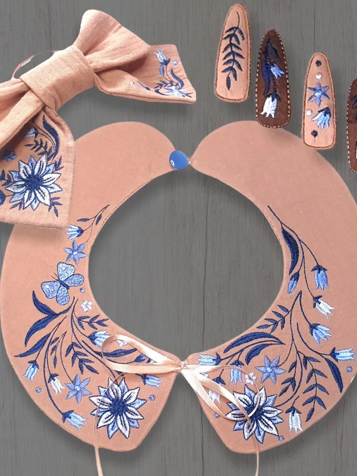 Collar, bow and hairpins in the hoop machine embroidery designs ITH digital embroidery pattern floral embroidery motif