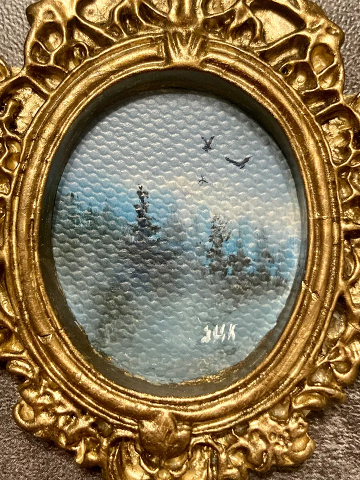 Forest Landscape Oil Painting Set of 2 Original In Vintage Style Frame Small Framed Oval Painting Art