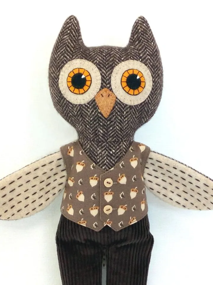 Owl boy, textile plush doll, handmade wool owl, stuffed bird toy