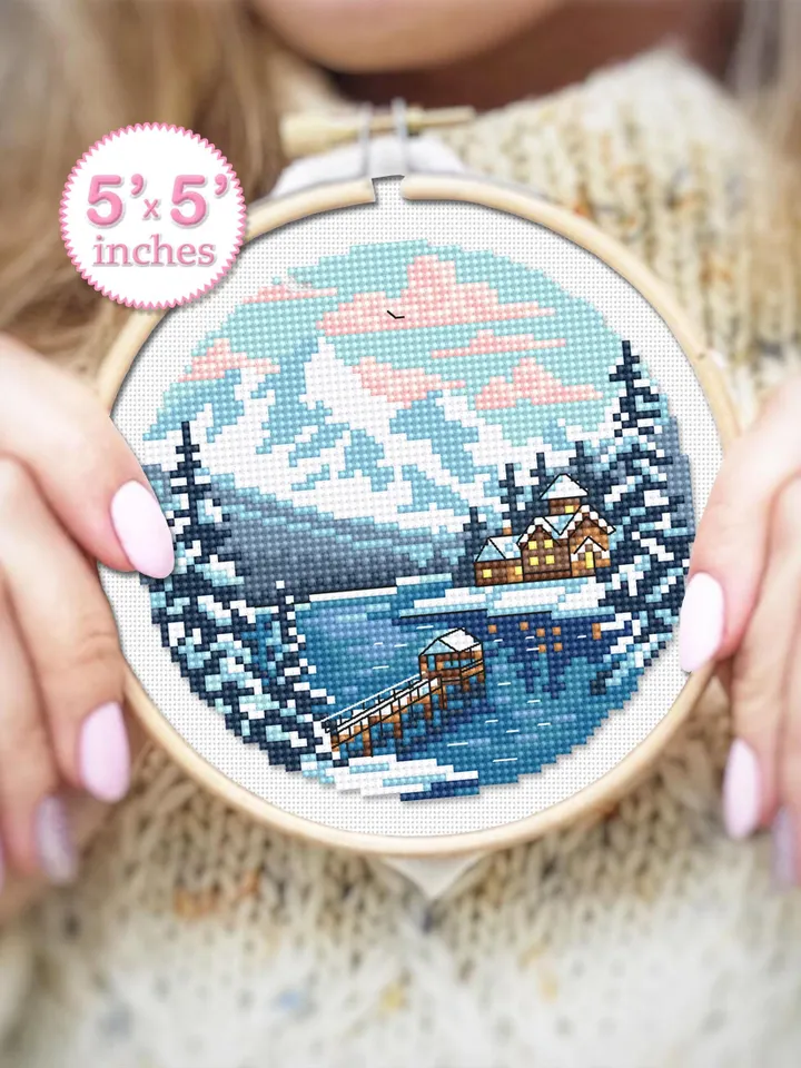 Winter nature landscape cross stitch pattern PDF download Dock lake cross stitch chart, Snow pattern digital PDF, Mountain landscape #L95