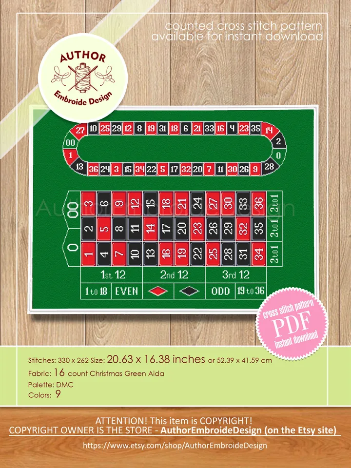 Card game playmat cross stitch pattern PDF download Roulette table cross stitch chart, Casino pattern digital PDF, DIY unique gift #O9