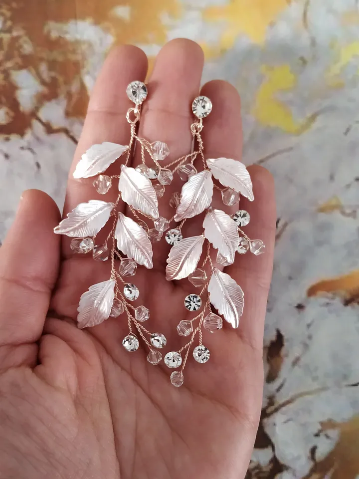 Swarovski Crystal Bridal Drop Earrings | Leaf Wedding Earrings | Boho Crystal Drop Earrings | Rose Gold Crystal Statement Wedding Earrings