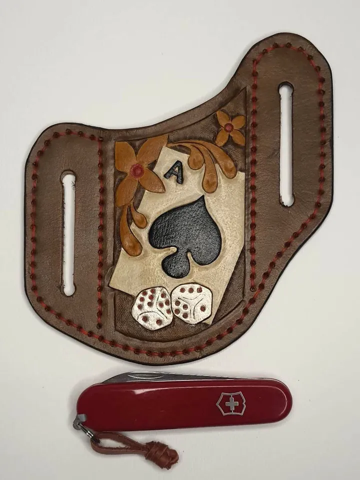 Pancake sheath, Buck 110, leather case, hand tooled, leather painted, Leather Pancake style sheath, folding knife, unique sheath