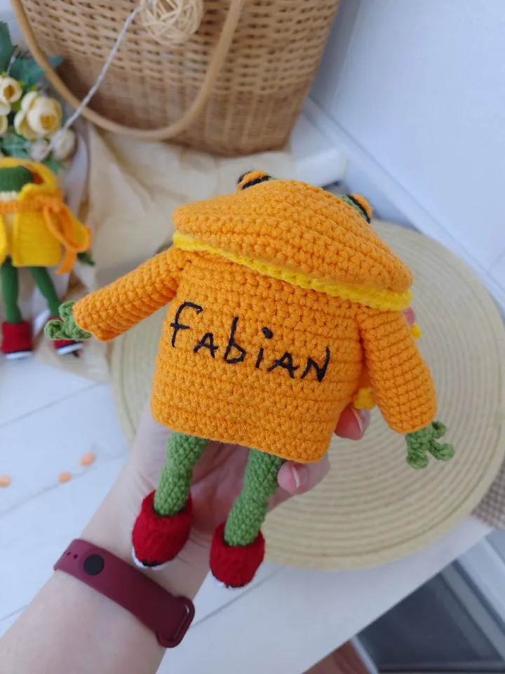 Soft personalized toy frog in clothes and boots. Original personalized gift.