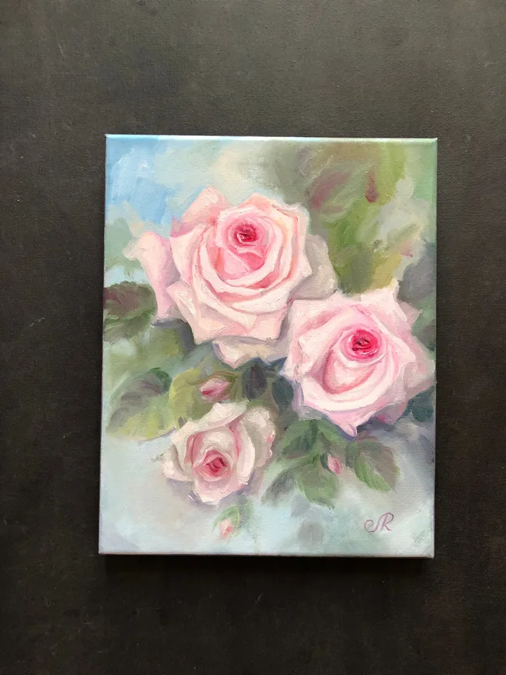 Pink Roses Painting Flowers Oil Wall Art Shabby Chic Painting