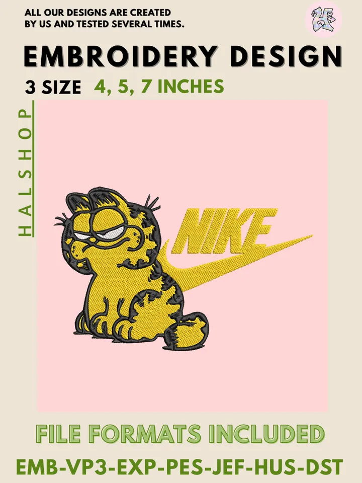 Garfield x Nike Machine Embroidery Design – Lazy Cat Cartoon Digital Embroidery File 🐾