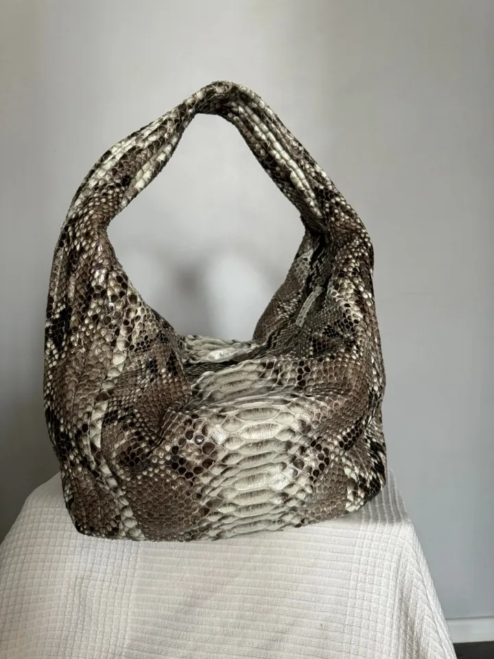 Soft Hobo Classy Sport Woman Stitched Bag | Purse Genuine Python Skin | Gray Big Elegant Leather Designer Soft Bag Snake | reptile hobo