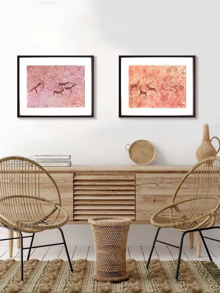 Deer hunting wall art | Original Pastel and Watercolor Artwork Ancient Cave Painting Style | Hunters Prehistoric art | Handmade Artwork | Archers stylization of rock art | Drawings of a prehistoric man | Modular painting