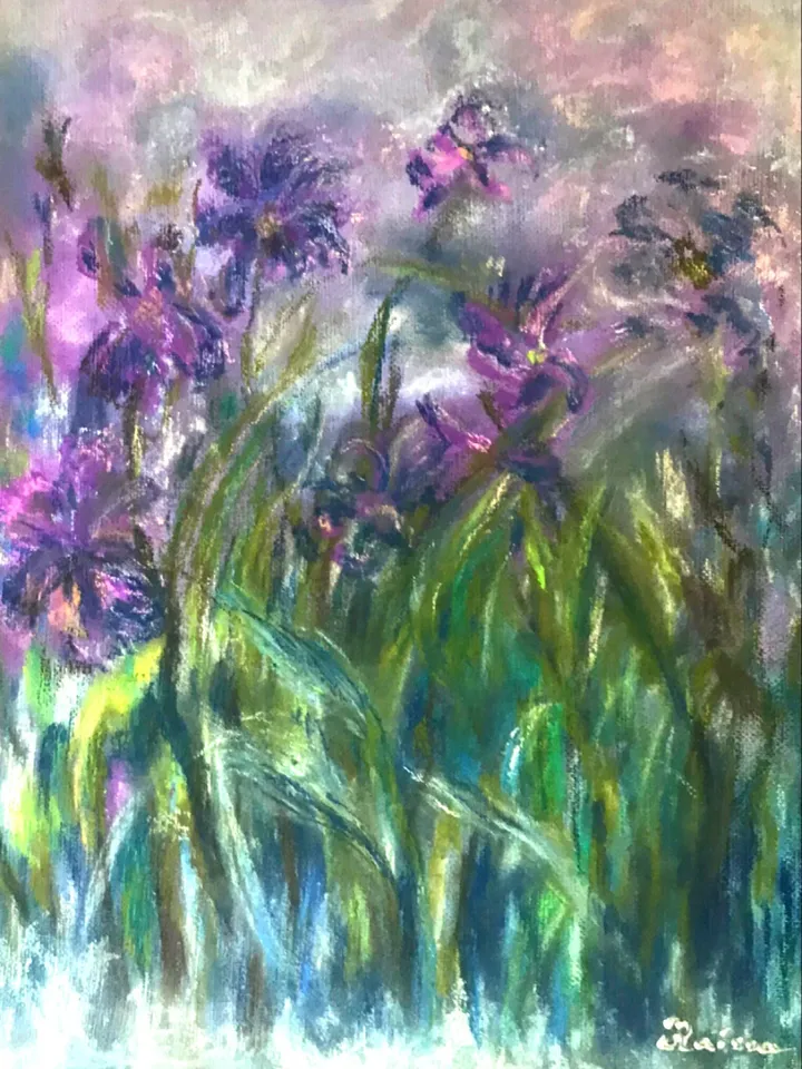 Irises painting,Iris flowers wall art pastel on canvas board impresionist style.