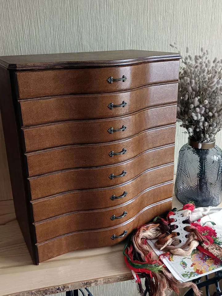 Floss storage cabinet for DMC floss bobbins and skeins, Stitching drawer box with curved faces in vintage style