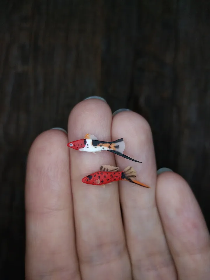 Miniature clay Swordtail fish 5 pcs, tiny fish for diorama, dollhouse or resin art