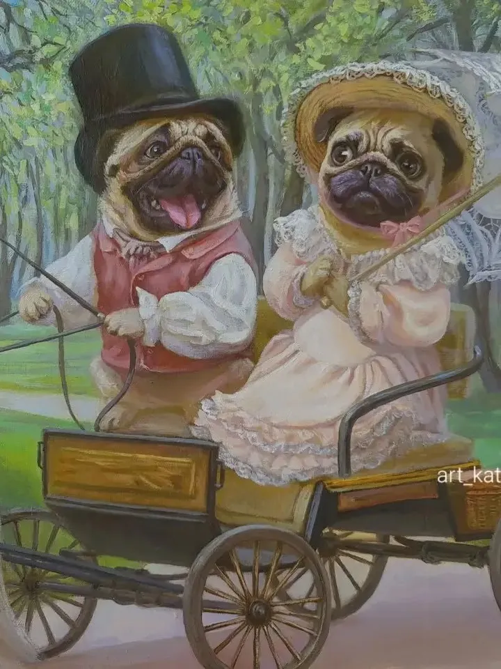 pugs Original oil painting on linen canvas "Walk"🎨🖌️,
oil on canvas, 90x60 cm, 2024