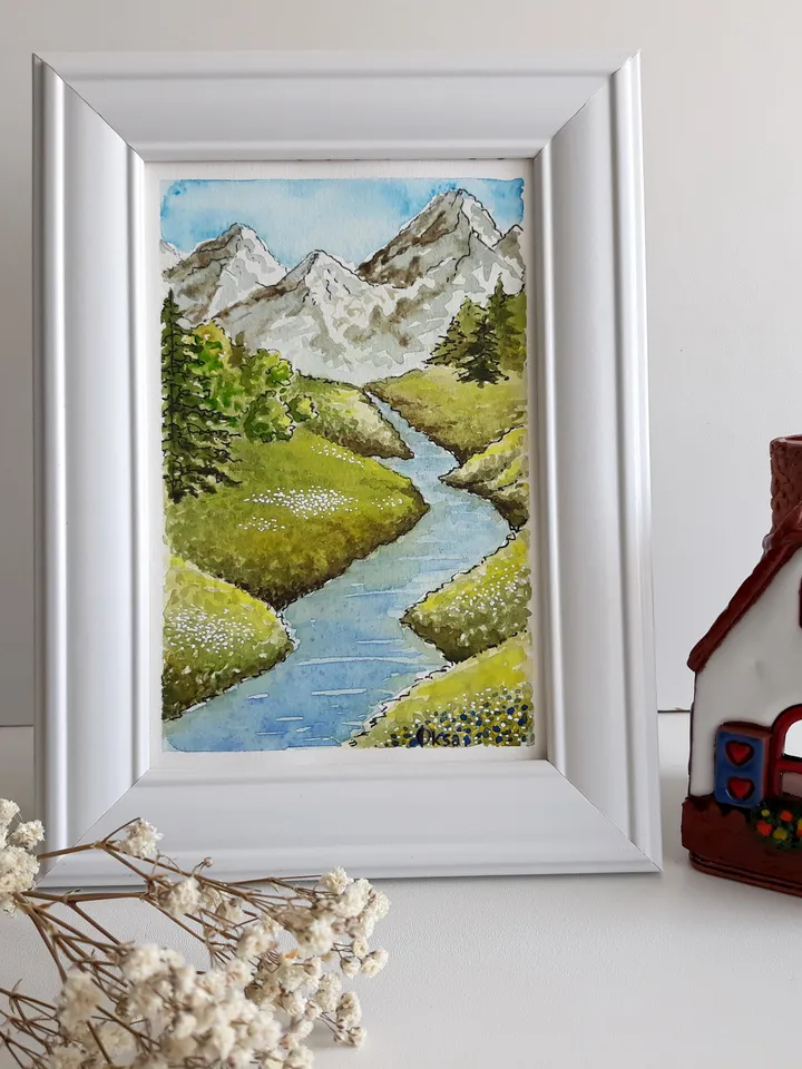 Mountain River Watercolor Art Painting/Mountain Original Painting/Art atmosphere/Europe mountain river landscape/White framed small painting