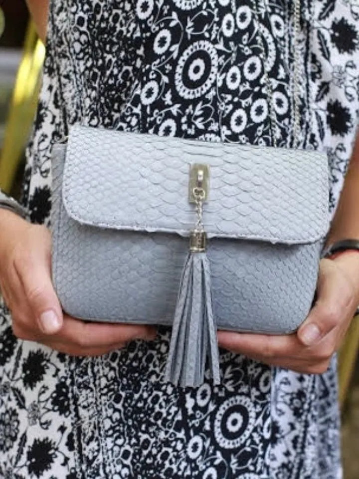 Genuine Python Skin Light Gray Tassel Bag | Leather Crossbody Bag | Clutch Bag | Women Summer Bag | Handmade Bag Grey Detachable Chain Bag
