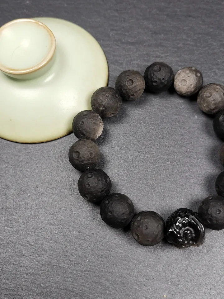 Gandhanra Old Tibetan Obsidian Wrist Mala, 0.6" Gradient Moon Ball Prayer Beads Bracelet,8 inches Circumference