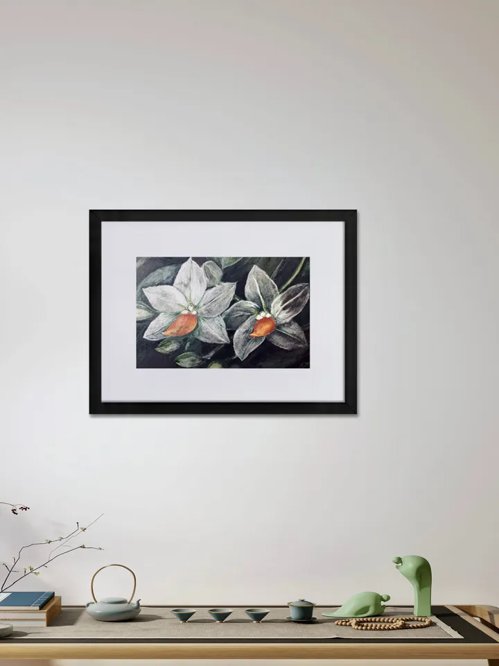 White orchids on black background Matte Paper Framed Poster,orchids painting,flowers wall art,home decoration gift.