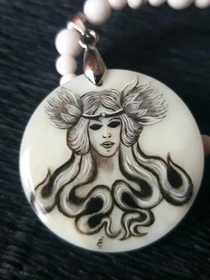 Witch craft necklace with miniature painting. Mermaid, valkyrie on pearl pendant