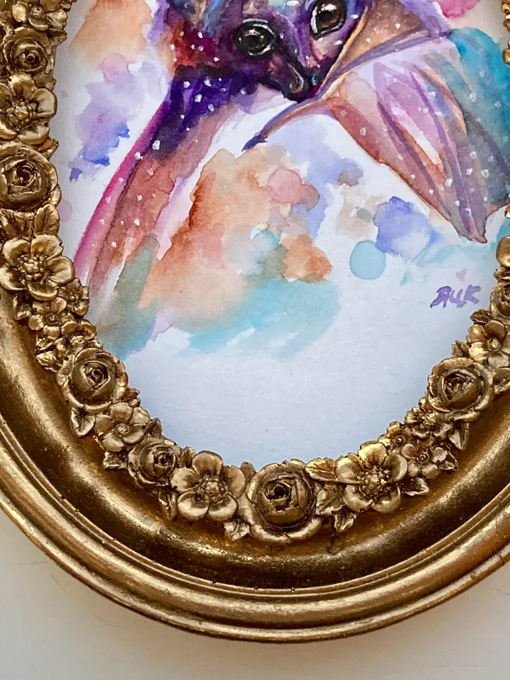 Framed Bat Watercolor Painting Original Cute Bat Art Wild Animals Decor Whimsigoth Art