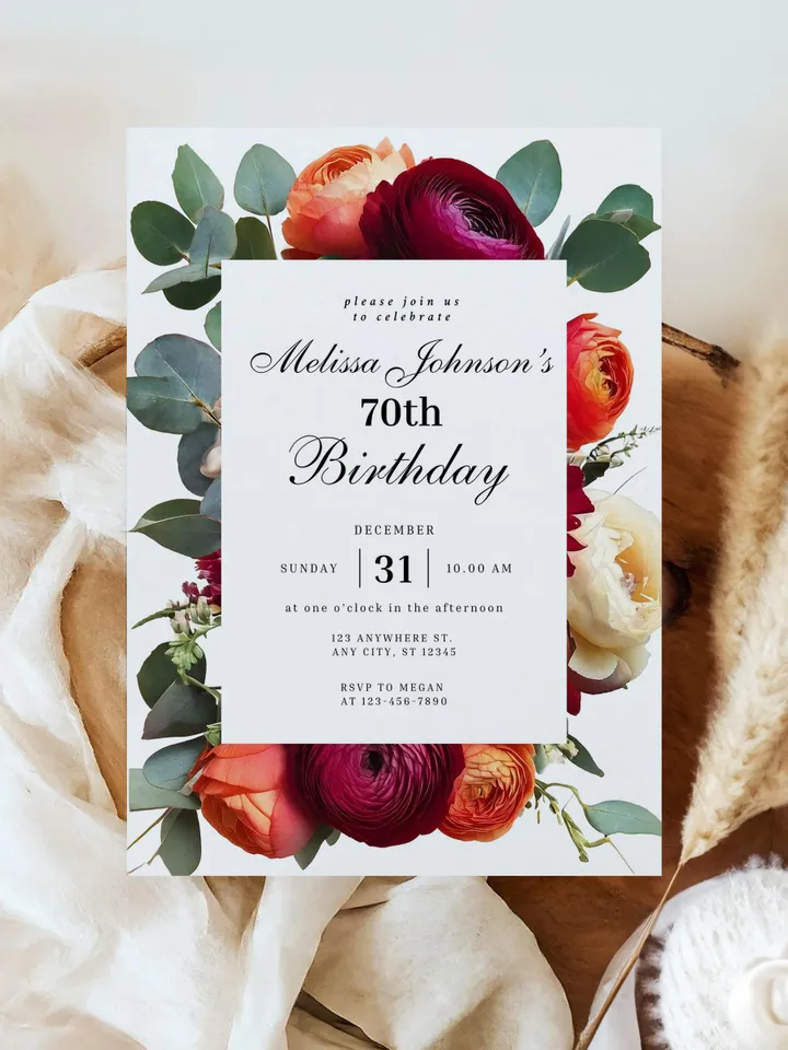 70th Birthday Invitation Elegant Floral Birthday Evite, Burgundy Peach Ivory Ranunculus Eucalyptus 75th Printable Invite canva template